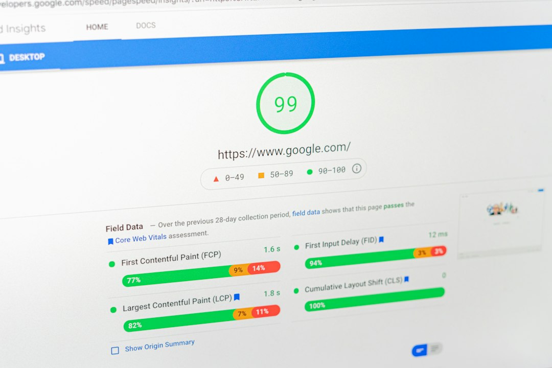 Ekran z wynikiem testu wydajności strony w Google PageSpeed Insights
